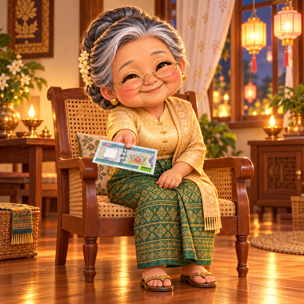 အိမ်တွင်ထိုင်ပြီး မုန့်ဖိုးပေးနေသော အဖွား
